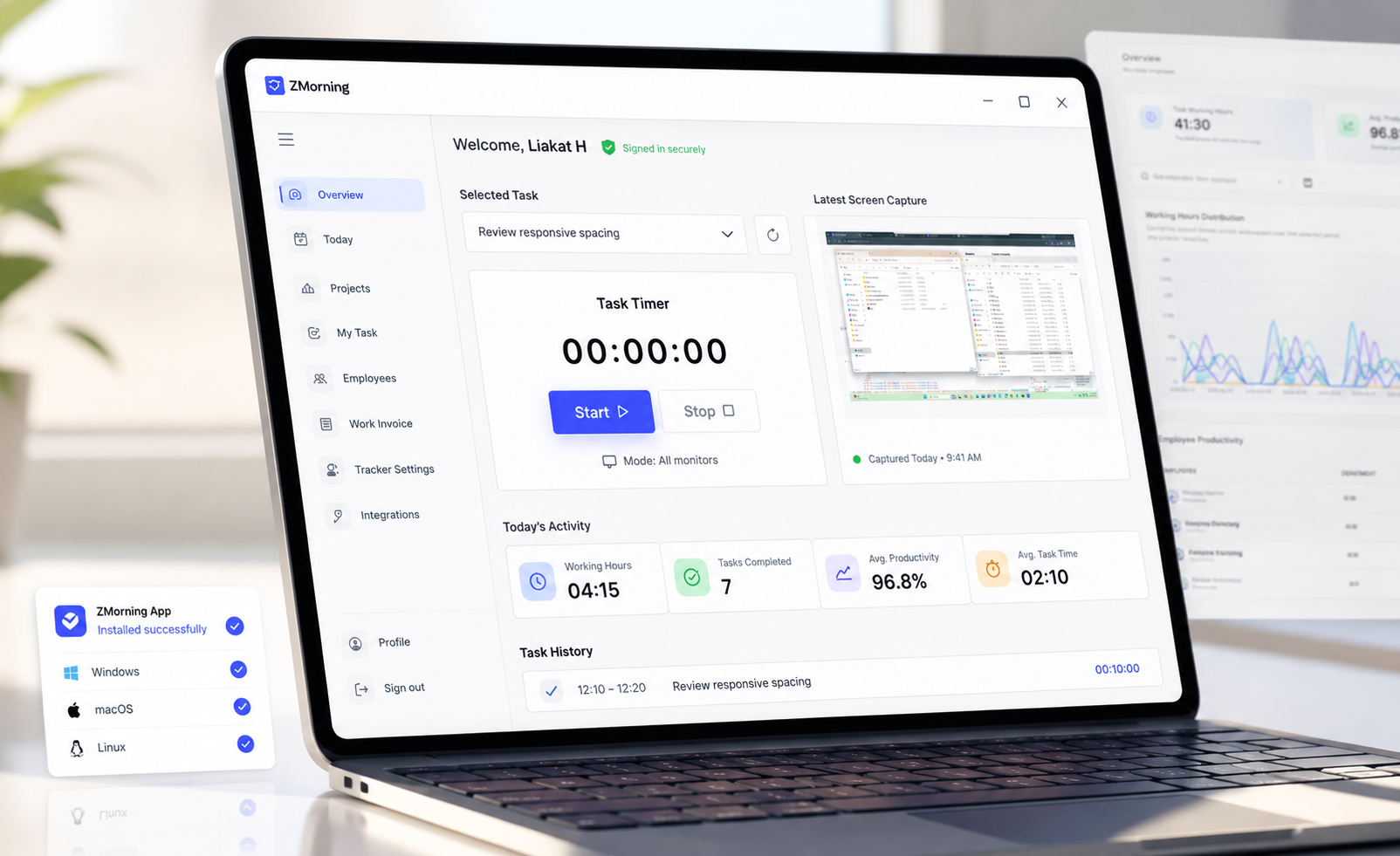 ZMorning App login and time tracking