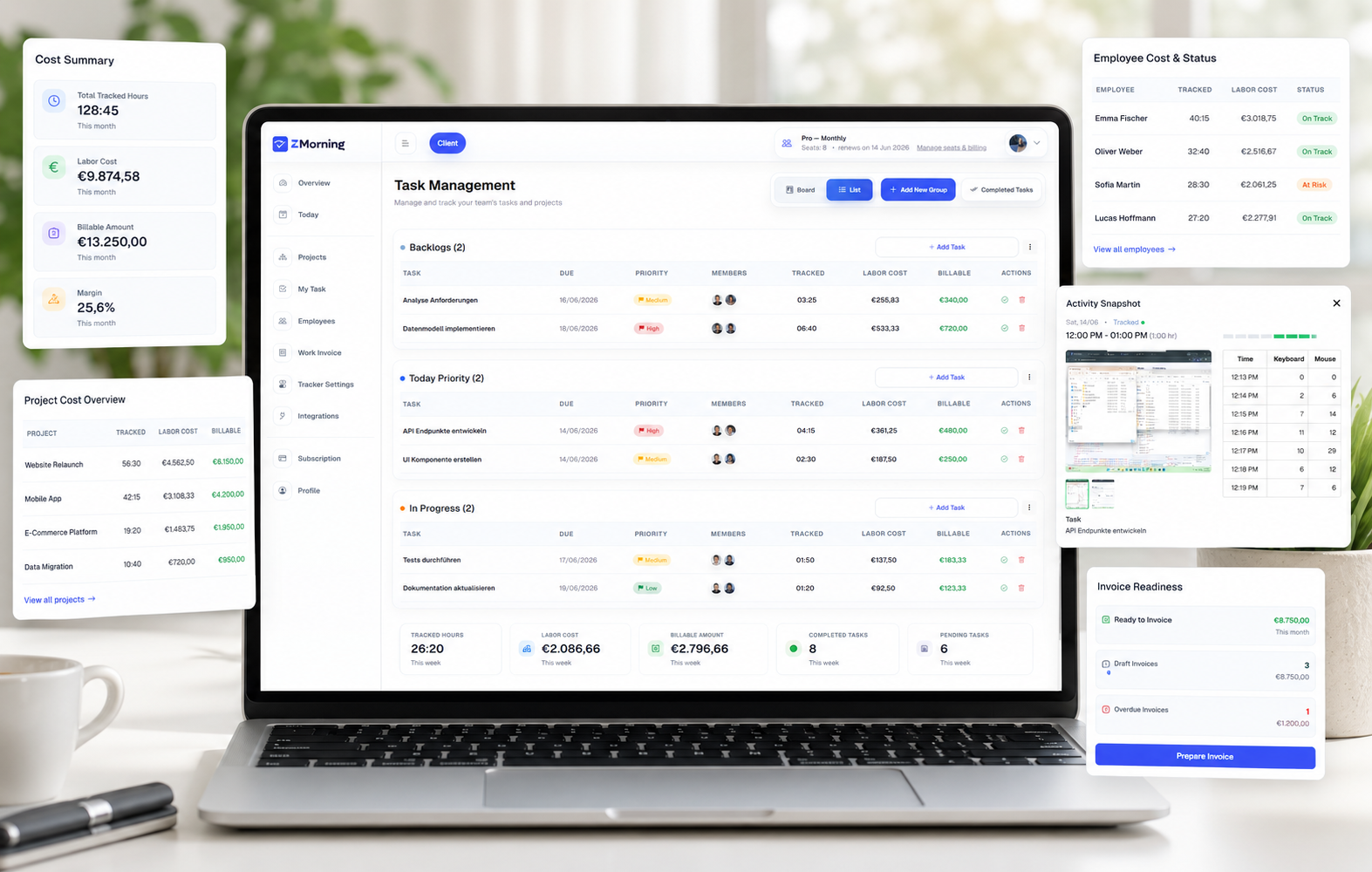 ZMorning cost calculation and invoicing overview for tracked project work