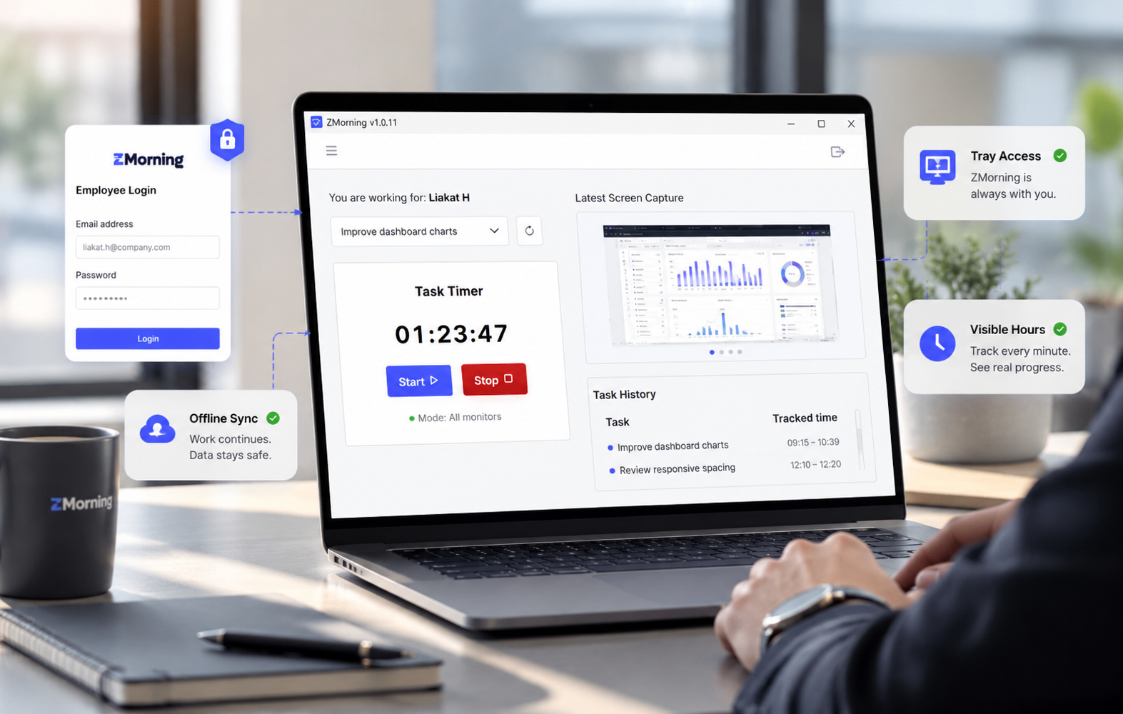 ZMorning desktop app for assigned tasks and employee time tracking