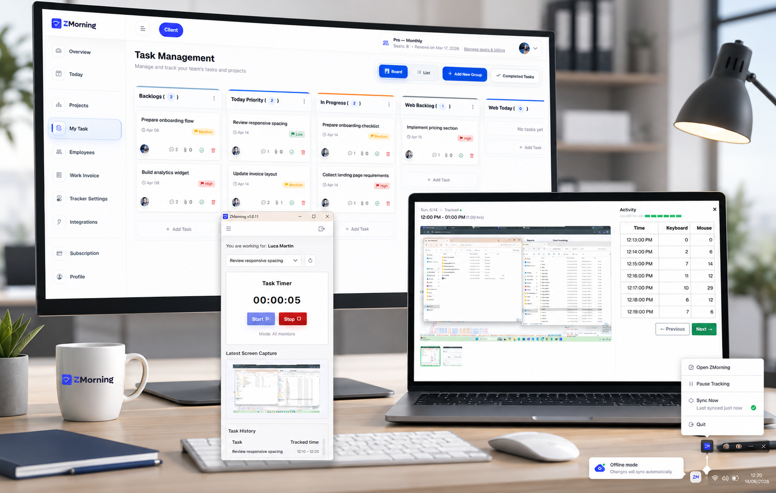 ZMorning employee time tracking with task-based desktop timer