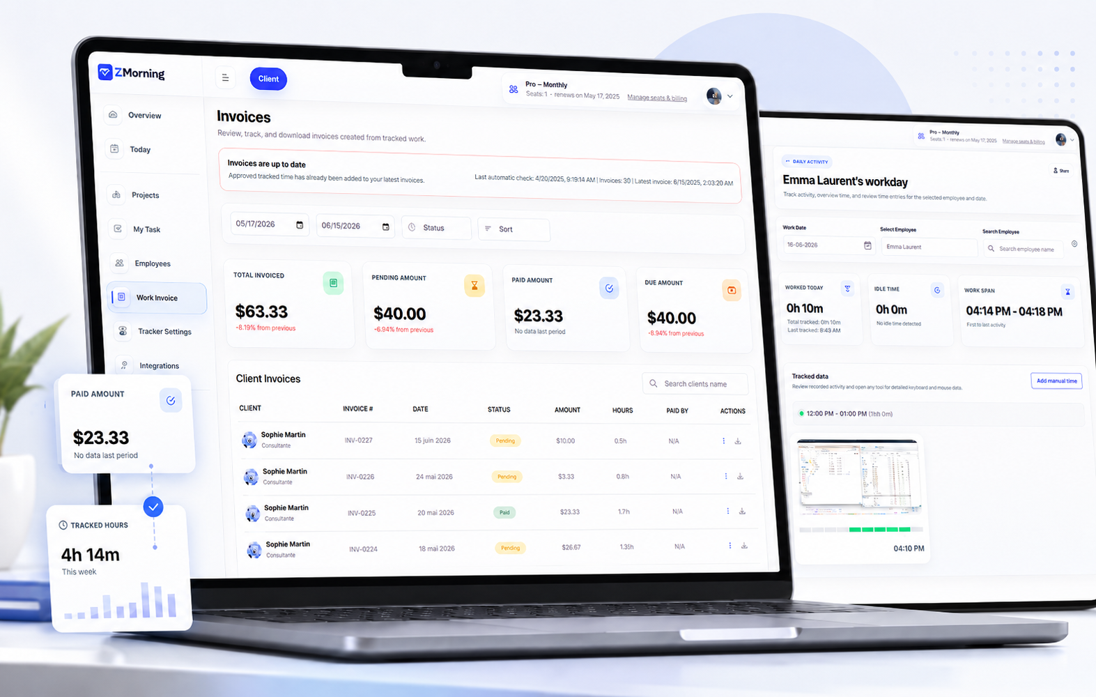 ZMorning invoicing workflow with tracked work, reports, and invoice-ready records