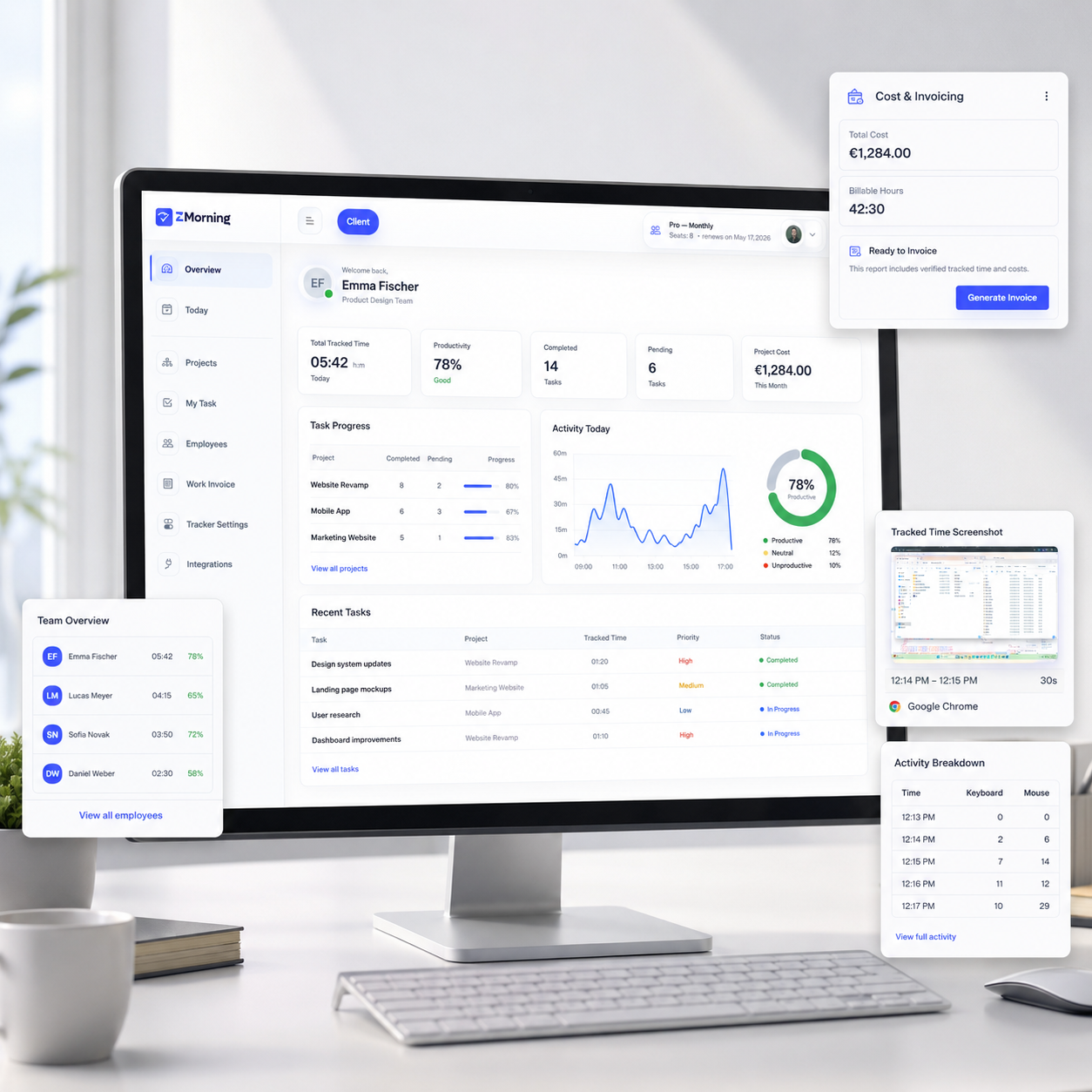 ZMorning manager dashboard with reports and billing records