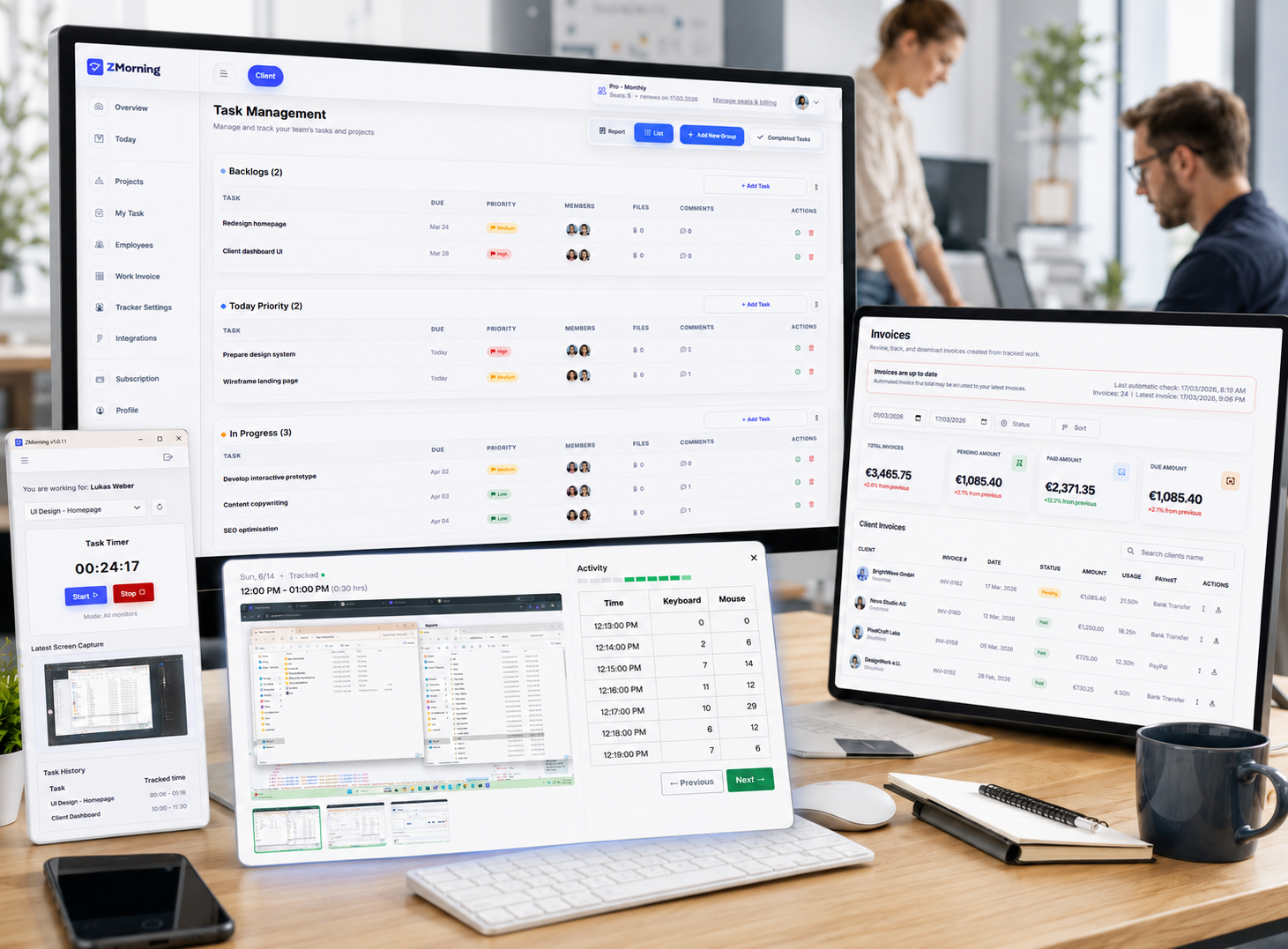 ZMorning agency dashboard for client work tracking, team visibility, reporting, and invoice-ready records