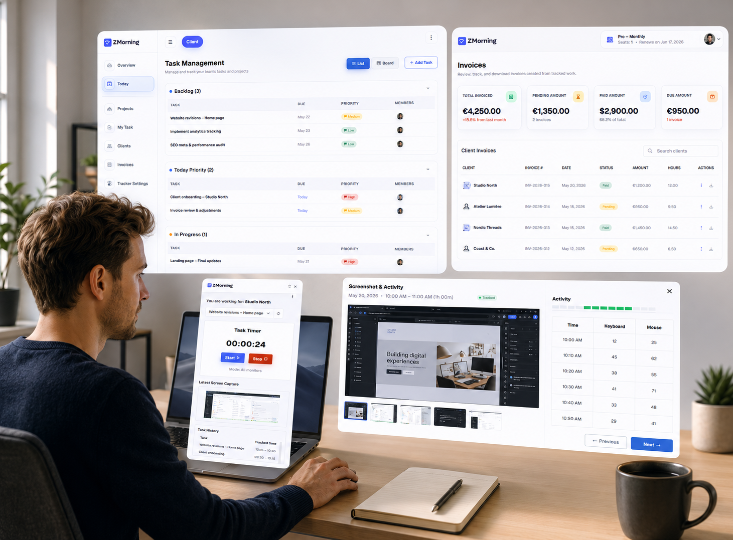 ZMorning freelancer time tracking with task-based work records and billing-ready hours