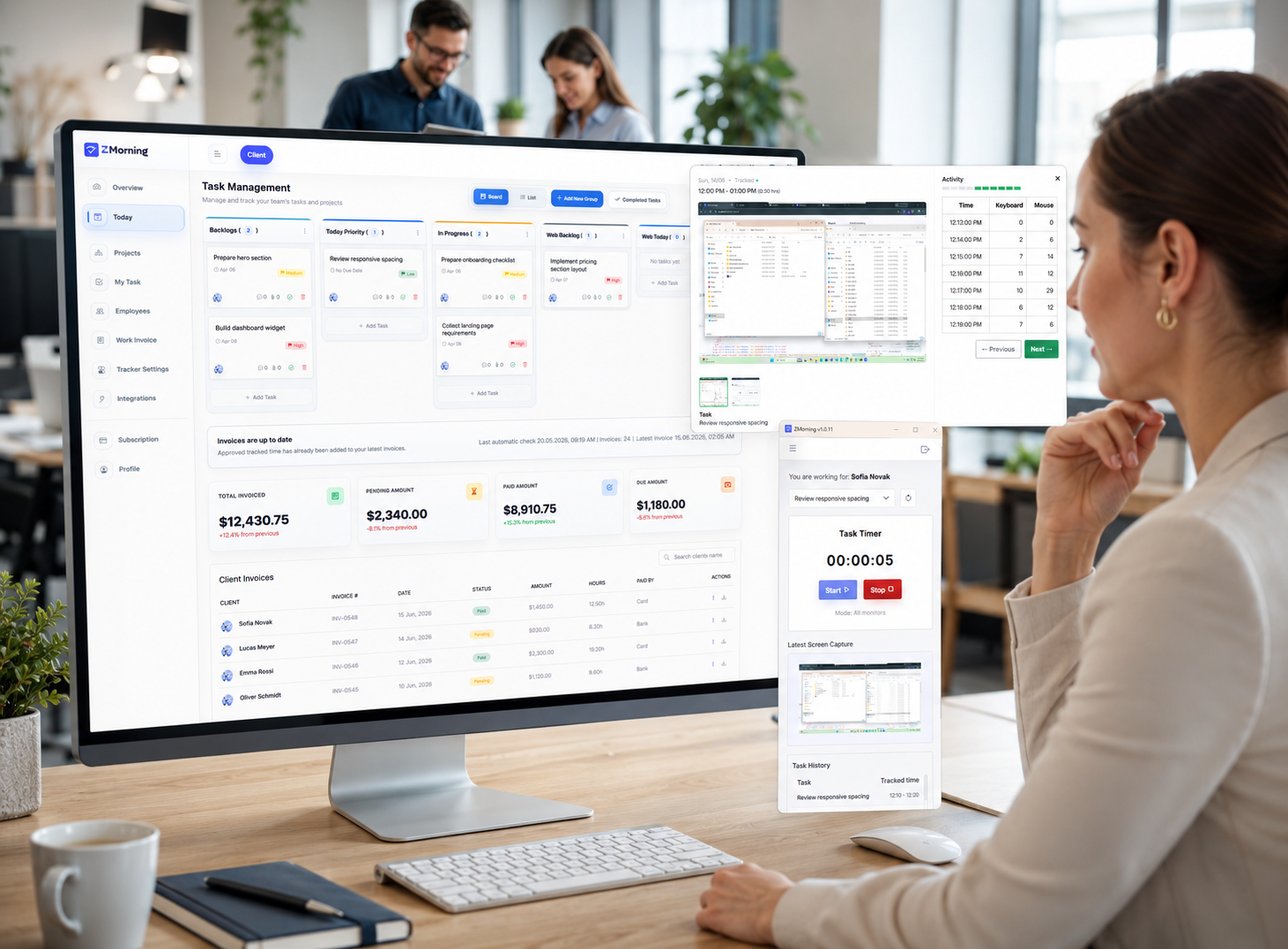 ZMorning dashboard for HR managers with employee time tracking, workforce visibility, screenshots, activity review, and reporting