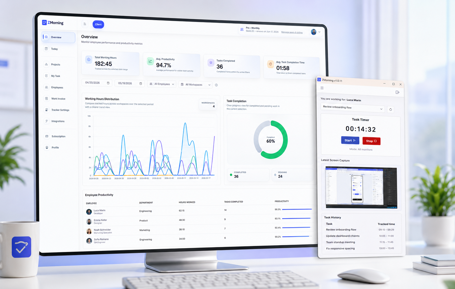 ZMorning small team time tracking with assigned tasks, screenshots, activity visibility, and manager reporting