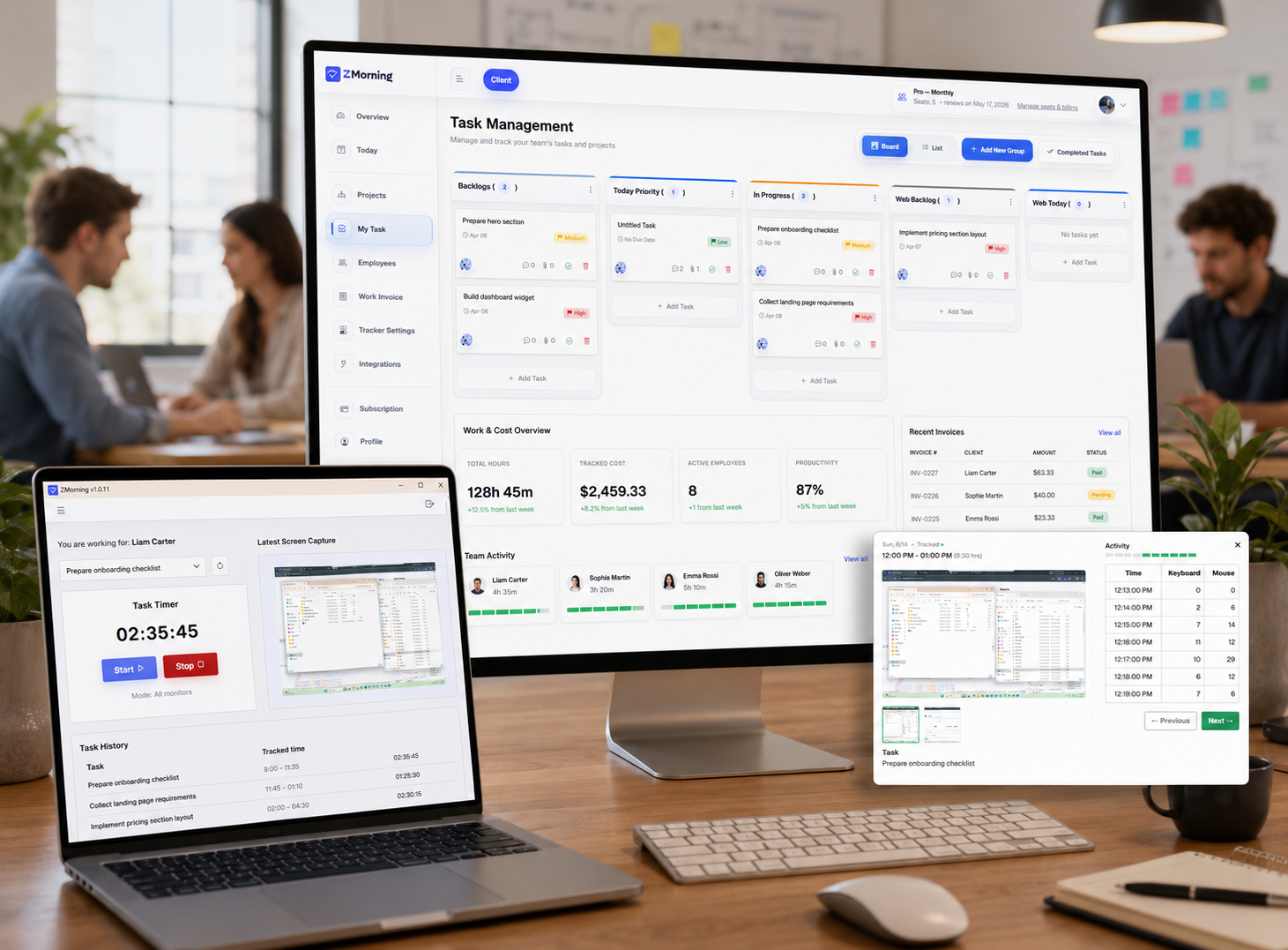 ZMorning startup time tracking with assigned tasks, screenshots, activity visibility, and manager reporting