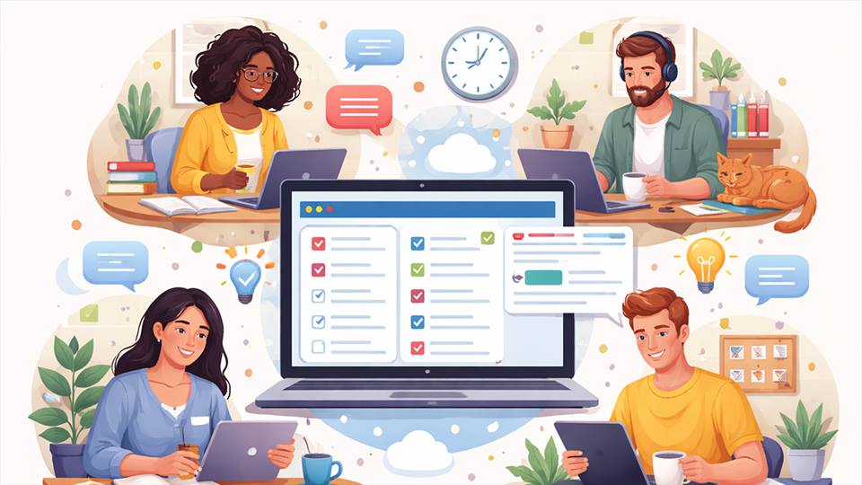 Remote team collaborating from home using simple productivity tools
